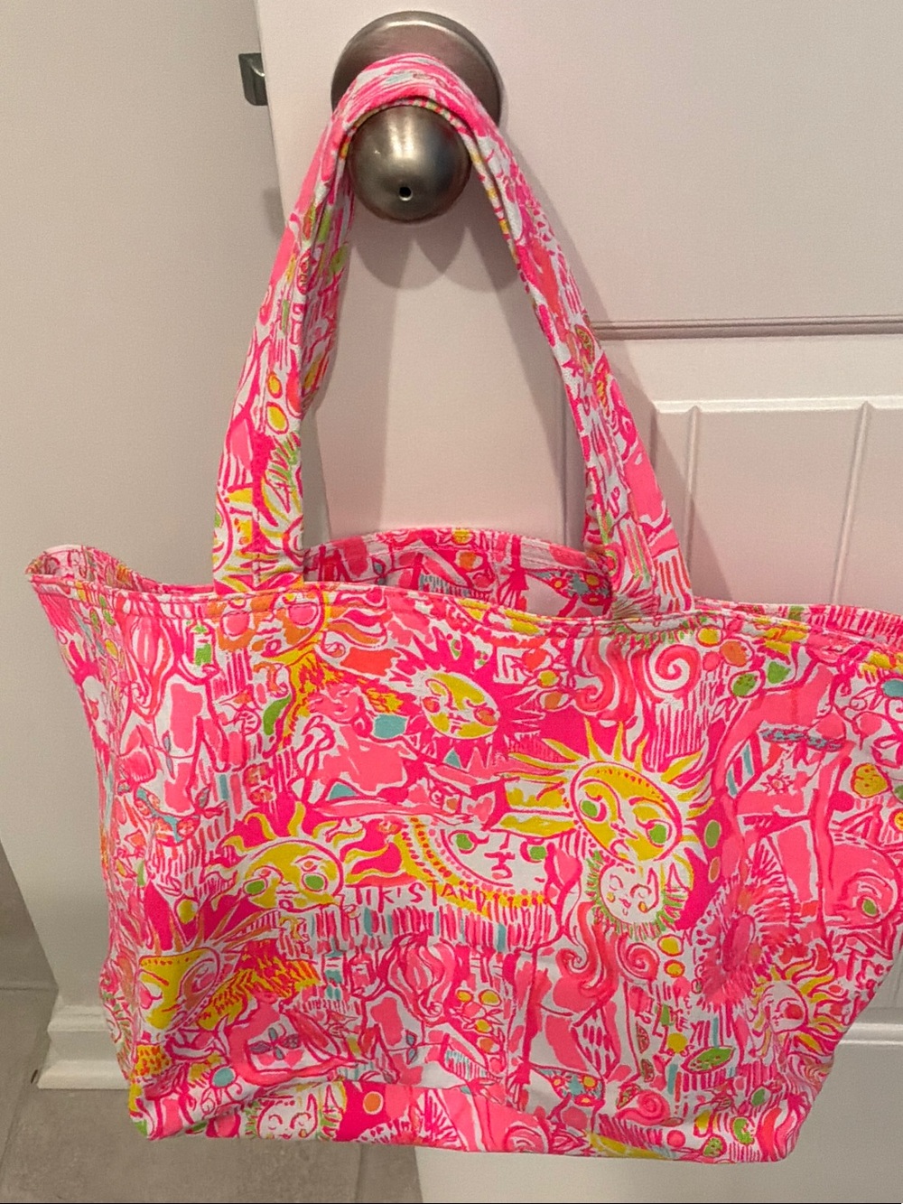 Lilly Pulitzer Pink Neon Patterned Tote with Yellow & White Accents